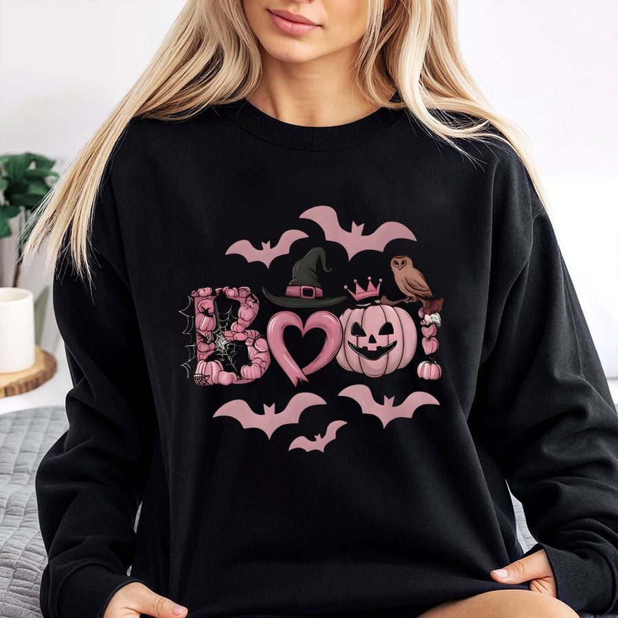 Boo Pink Halloween Sweatshirt | Cute Pumpkin Witch Hat Graphic | Premium Cotton Blend | Aesthetic Spooky Fall Gift for Women