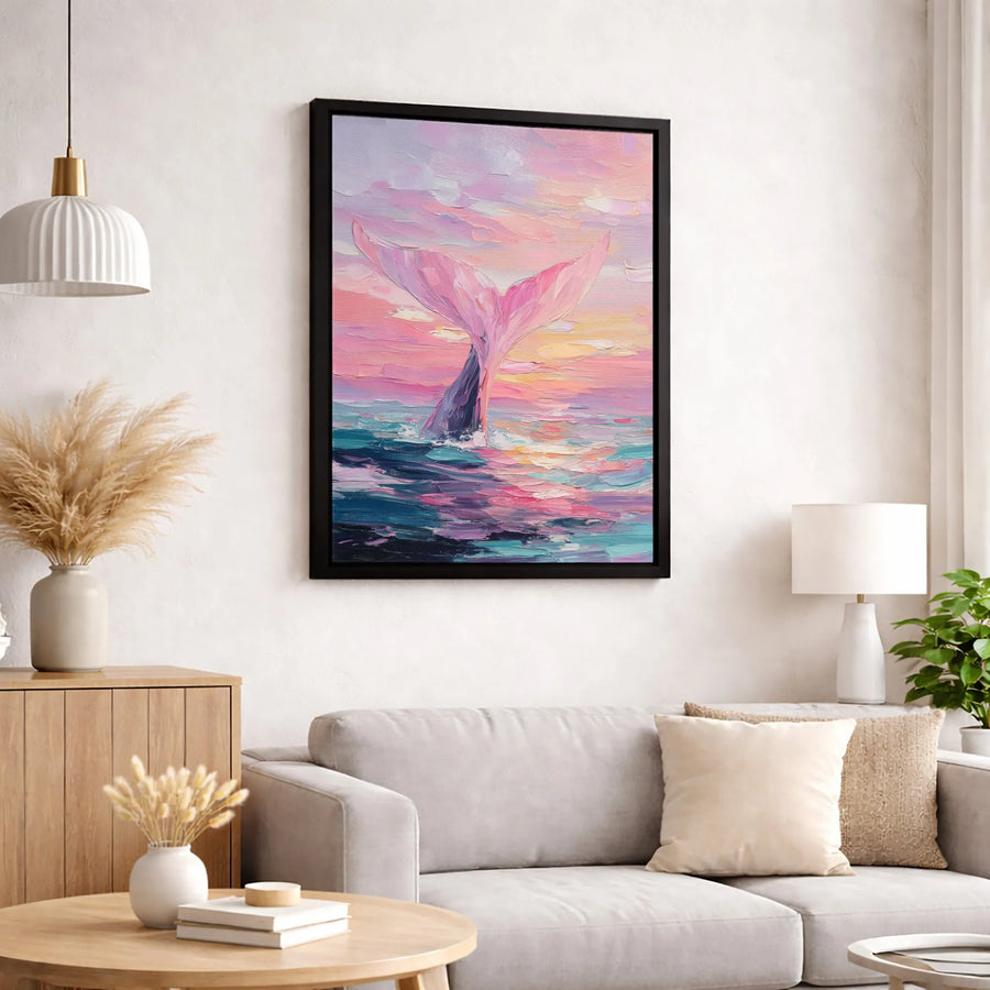 Whale Tail Canvas Art | Pink Sunset Ocean Impasto Painting | Premium Fade-Resistant Print | Coastal Beach House Wall Decor Gift