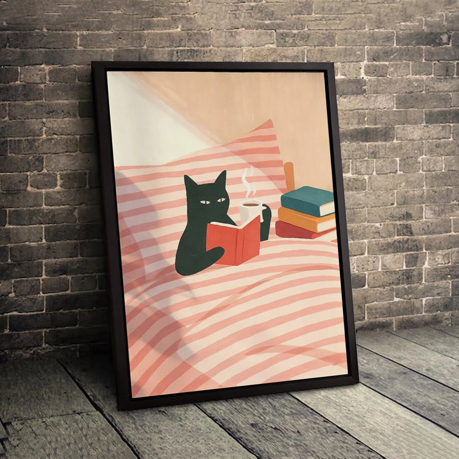 Black Cat Canvas Wall Art | Reading Book And Coffee Design | Premium Fade-Resistant Print | Cozy Home Decor Gift For Cat Lovers