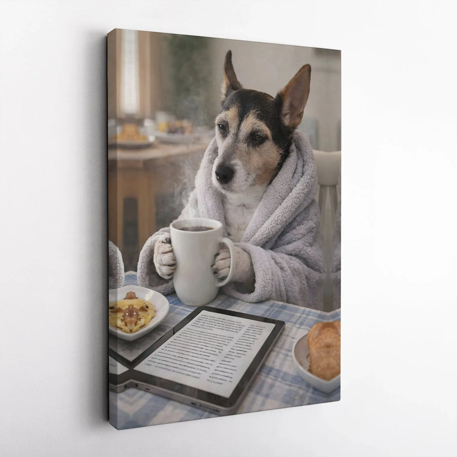 Dog Drinking Coffee Canvas Print | Humorous Pet Morning Routine Art | Premium Gallery Wrapped Decor | Funny Gift For Dog Lovers & Bookworms
