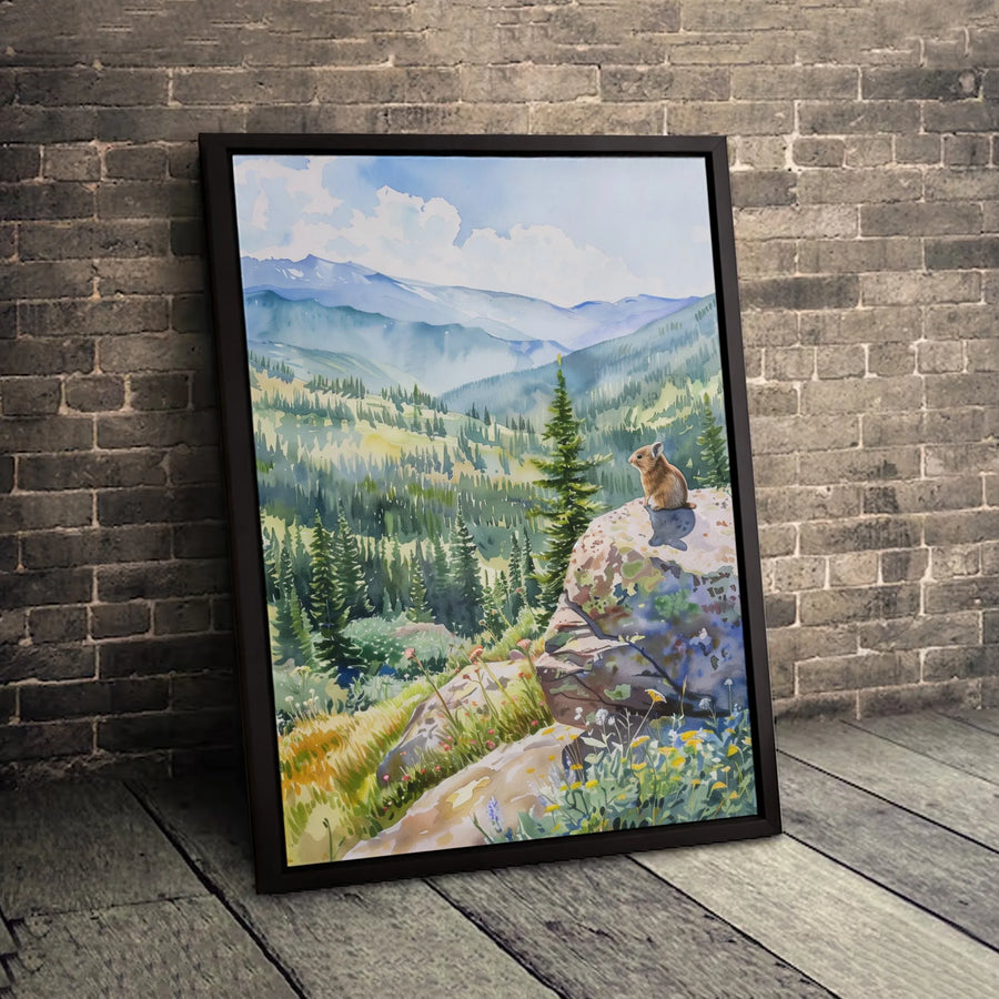 Pika Mountain Landscape Canvas | Watercolor Wildflower Meadow Art | Premium Gallery-Wrapped Print | Nature Lover Gift Wall Decor