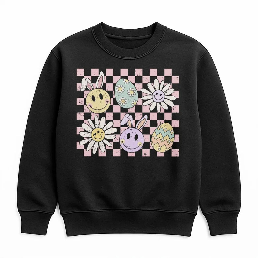 Checker Bunny Easter Sweatshirt | Retro Smiley Rabbit Graphic | Cotton Blend Cozy Crewneck | Spring Holiday Gift For Women And Men