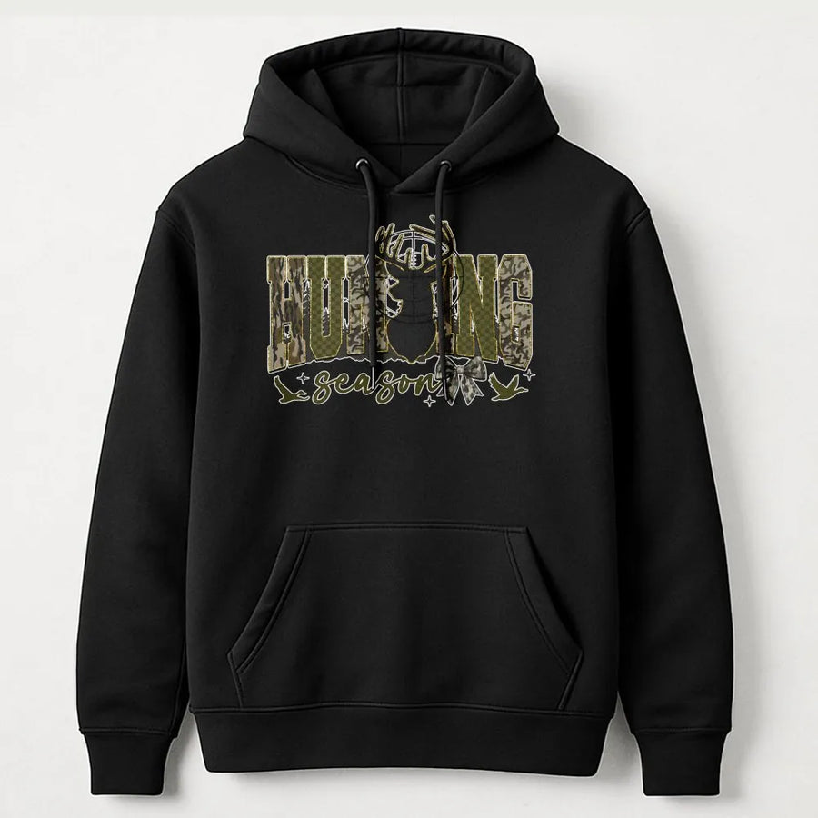 Hunting Season Hoodie | Camo Deer Antlers & Duck Graphic | Premium Cotton Blend | Gift For Her Outdoors Enthusiast