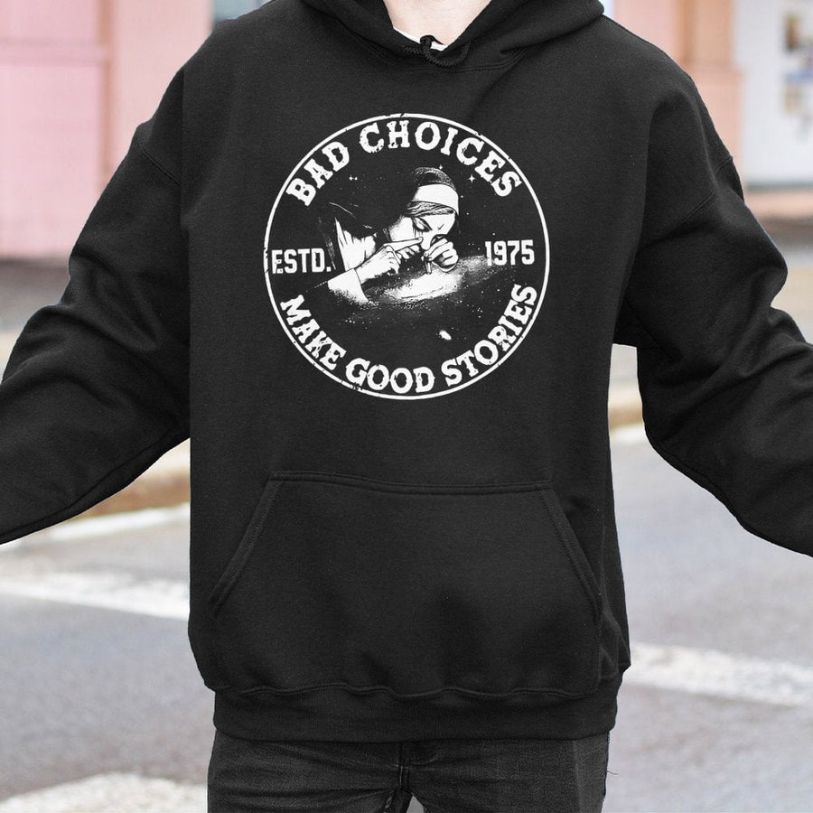 Bad Choices Make Good Stories Hoodie | Edgy Nun Illustration Graphic | Premium Cotton Blend | Funny Sarcastic Gift for Adults
