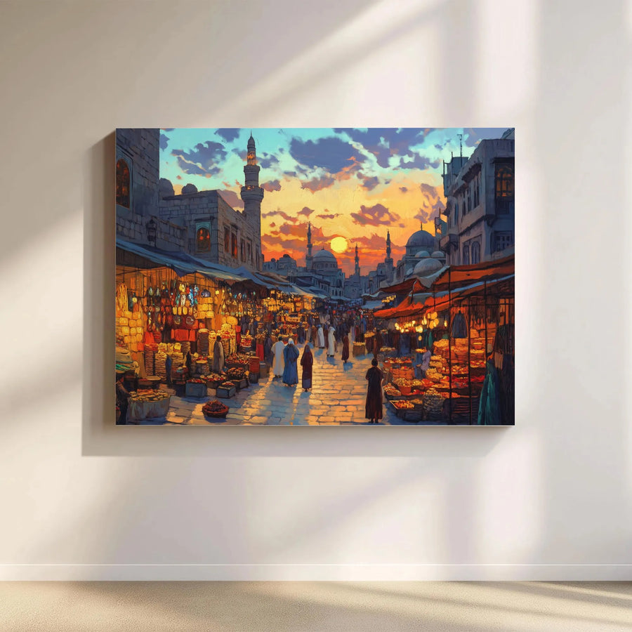 Middle Eastern Souk Canvas Print | Vibrant Marketplace Sunset Scene | Premium Gallery Wrap Wall Art | Cultural Home Decor Gift