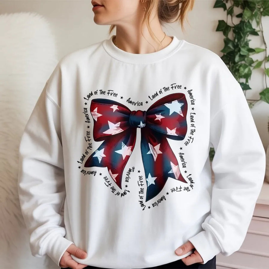 Patriotic Bow Sweatshirt | Coquette American Flag Graphic | Soft Cotton Tee | 4th of July Gift for Women