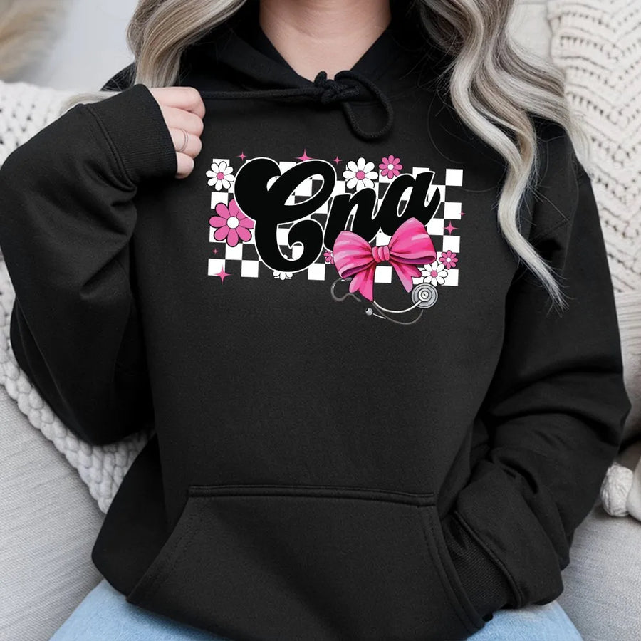 CNA Nurse Hoodie | Coquette Bow and Flower Checkered Design | Premium Cotton Blend | Gift for Nursing Assistant, Medical Student, Graduation