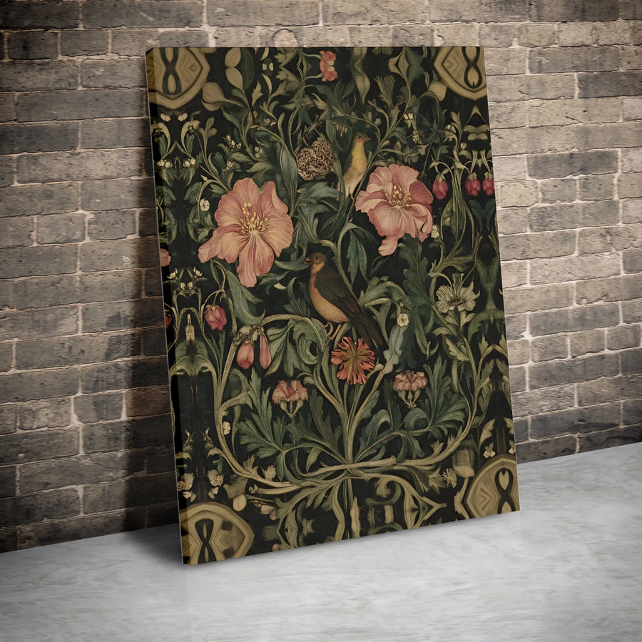 Vintage Botanical Bird Canvas Wall Art | Moody Floral Pattern with Pink Flowers | Premium Fade-Resistant Gallery Wrap | Elegant Home Decor Gift