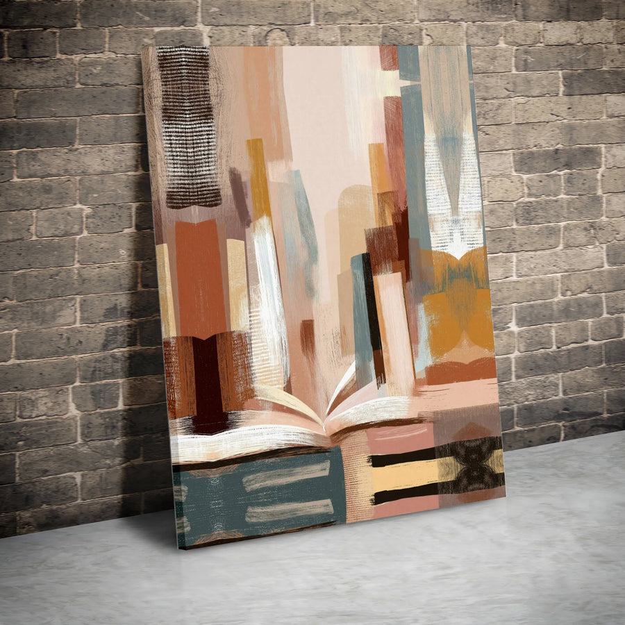 Abstract Book Canvas Wall Art | Mid-Century Modern Library Print | Premium Gallery-Wrapped 1.25" Profile | Earthy Tones Decor for Home Office