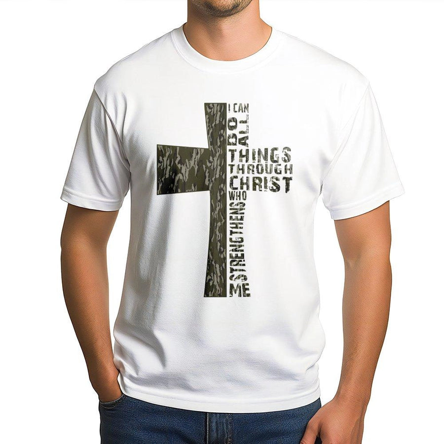 Philippians 4:13 Cross T-Shirt | Camouflage Bible Verse Graphic | 100% Cotton Premium Tee | Christian Gift for Men and Women