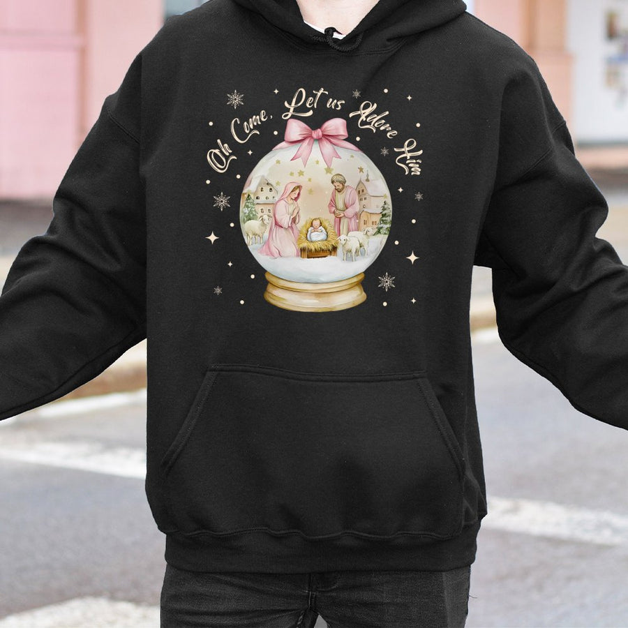 Nativity Scene Hoodie | Oh Come Let Us Adore Him Graphic | Soft Cotton-Blend Christmas Sweater | Religious Christian Gift For Women & Men