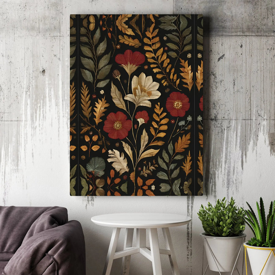Vintage Botanical Canvas Wall Art | Dark Moody Floral Print with Jacquard Style | Premium Gallery Wrapped Canvas | Boho Farmhouse Home Decor Gift