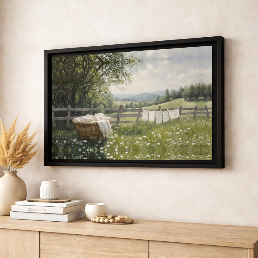 Farmhouse Wall Art Canvas | Countryside Landscape with Wildflowers and Clothesline | Premium Gallery Wrapped Print | Rustic Home Decor Gift