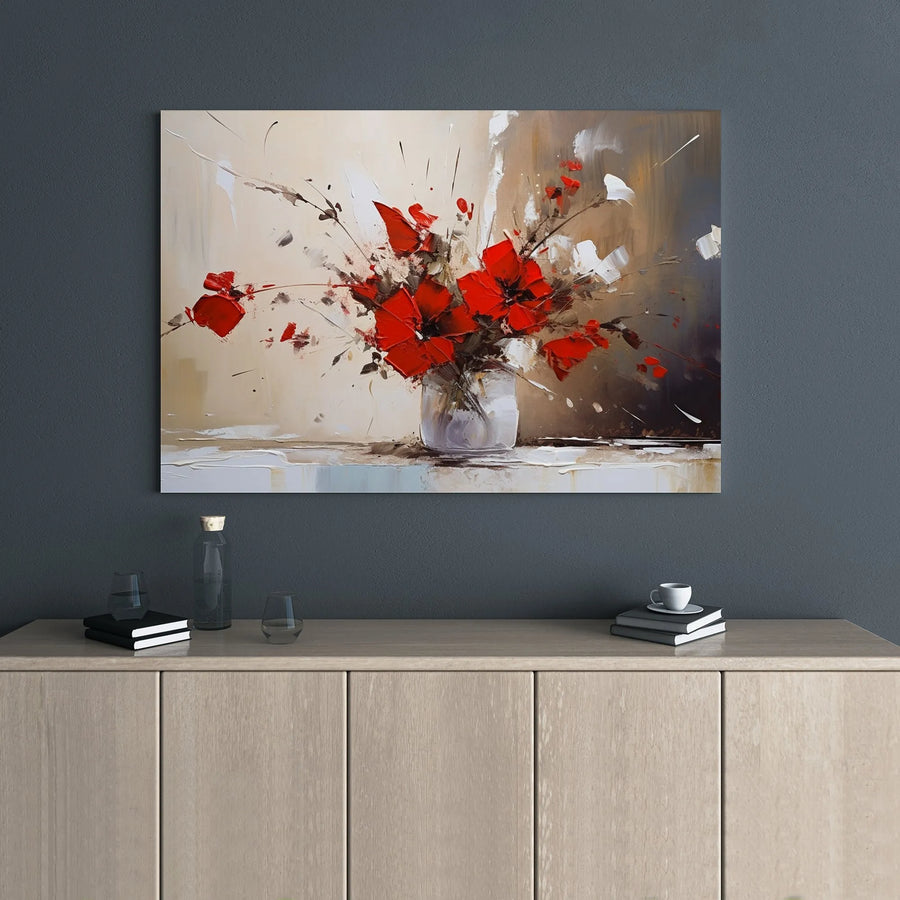 Abstract Red Floral Canvas Wall Art | Textured Oil Painting Style Vase Print | Premium Gallery-Wrap | Modern Home Decor Gift