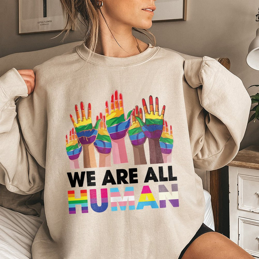 We Are All Human Pride Sweatshirt | Rainbow Hands Diversity Design | Premium Cotton-Poly Blend | Inclusive LGBTQ Equality Gift for All