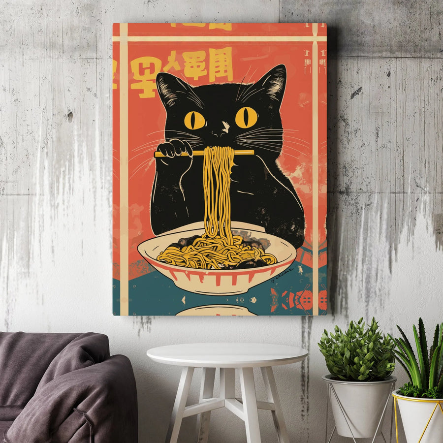 Black Cat Ramen Wall Art | Vintage Japanese Anime Style Poster | 1.25-Inch Premium Gallery Canvas | Unique Kitchen Decor Gift for Cat Lovers