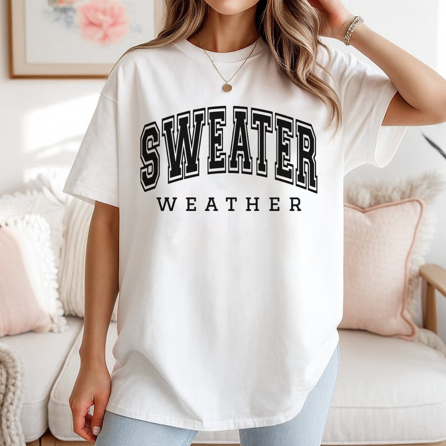 Sweater Weather Graphic T-Shirt | Retro Varsity Lettering Design | Premium 100% Cotton | Cozy Fall Outfit Gift for Women & Men