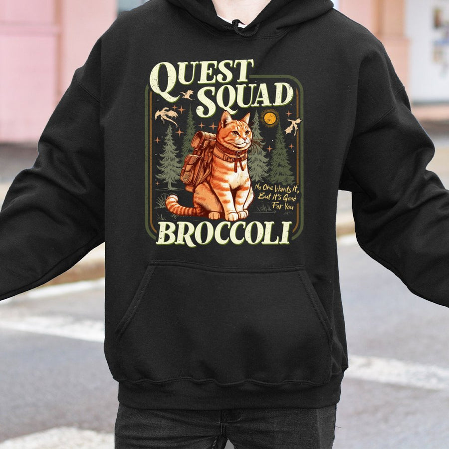 Quest Squad Broccoli Hoodie | Fantasy Adventure Cat Graphic | Soft Cotton-Poly Blend | Bookworm Gift for Romantasy Readers