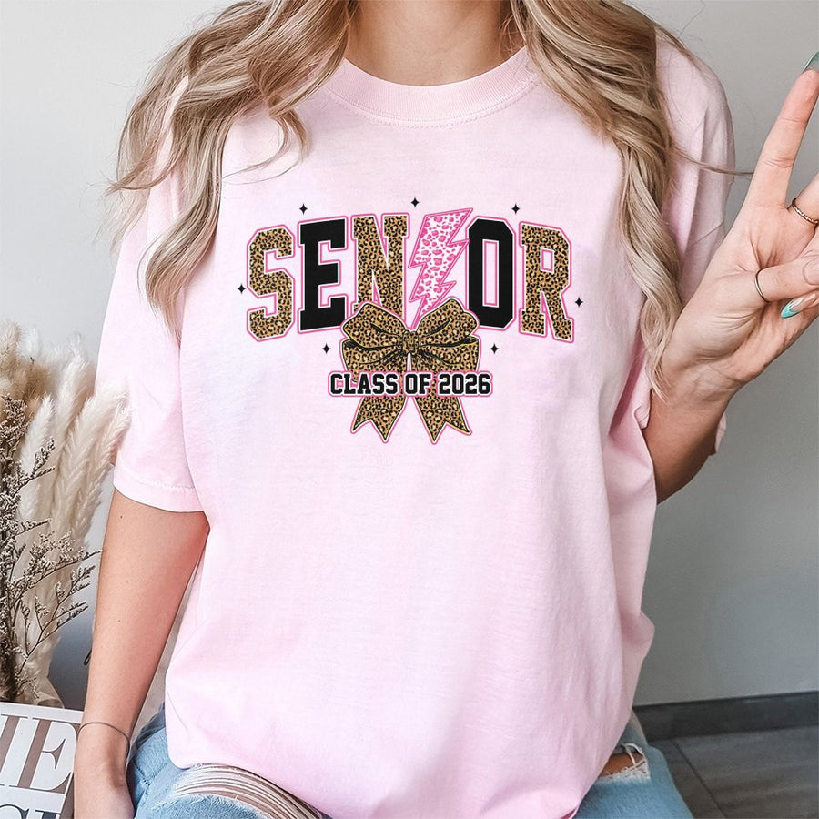 Senior Class of 2026 T-Shirt | Leopard Print Bow & Lightning Bolt Design | 100% Premium Cotton | Graduation Gift for High School or College Seniors