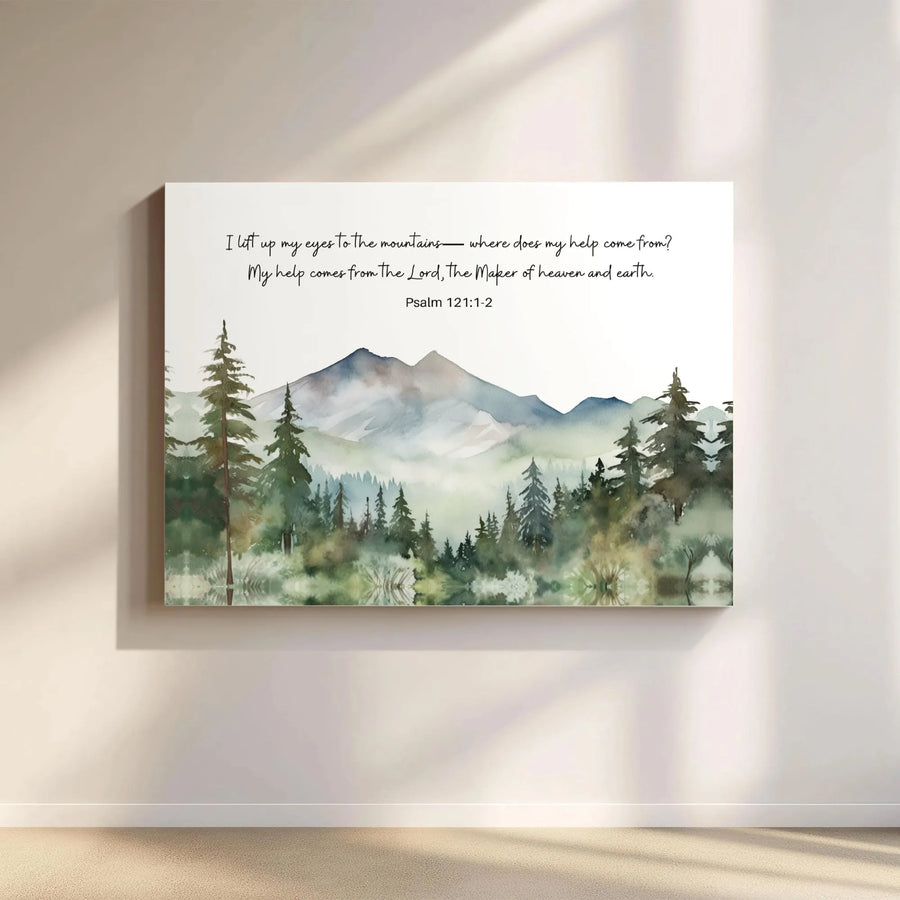 Psalm 121 Scripture Mountain Horizontal Canvas | Watercolor Forest Landscape Wall Art | Premium Frameless Gallery-Style Print | Christian Housewarming Gift