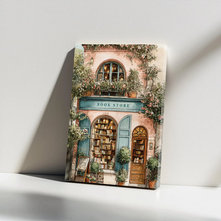Bookstore Canvas Wall Art | Charming European Floral Shopfront Watercolor | Premium Gallery Wrap Print | Aesthetic Librarian Gift for Home Decor