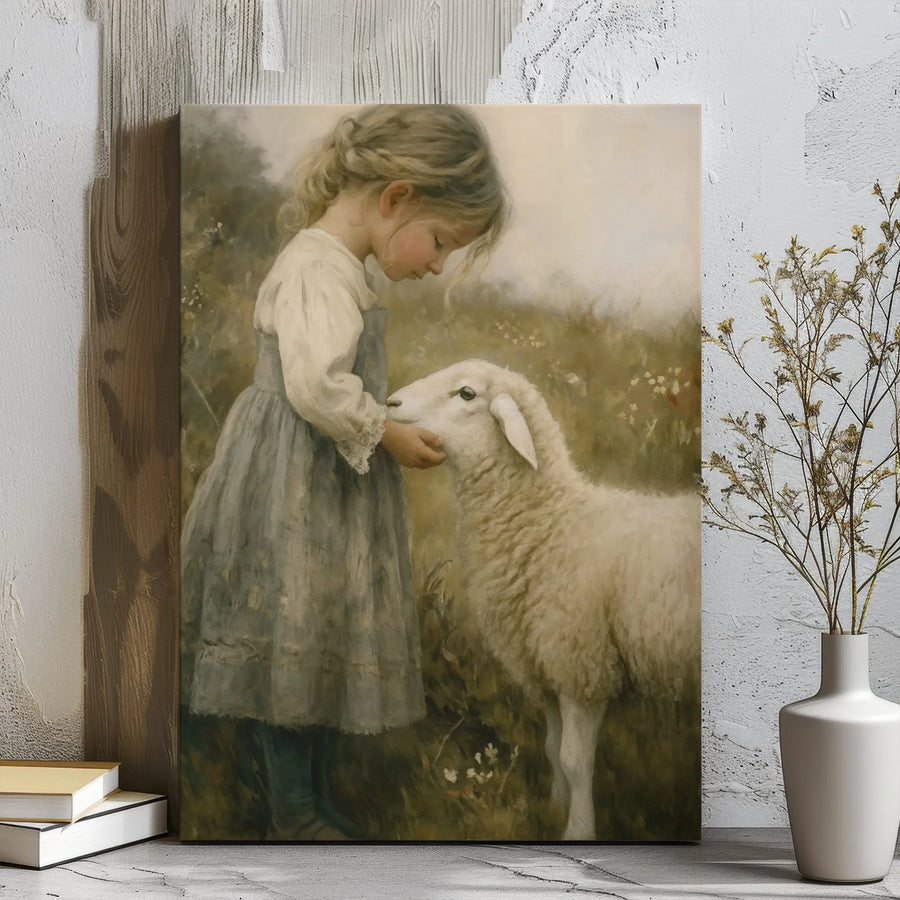 Girl With Lamb Canvas Wall Art | Vintage Pastoral Countryside Oil Painting Print | Premium Gallery Wrap Decor | Farmhouse Aesthetic Gift