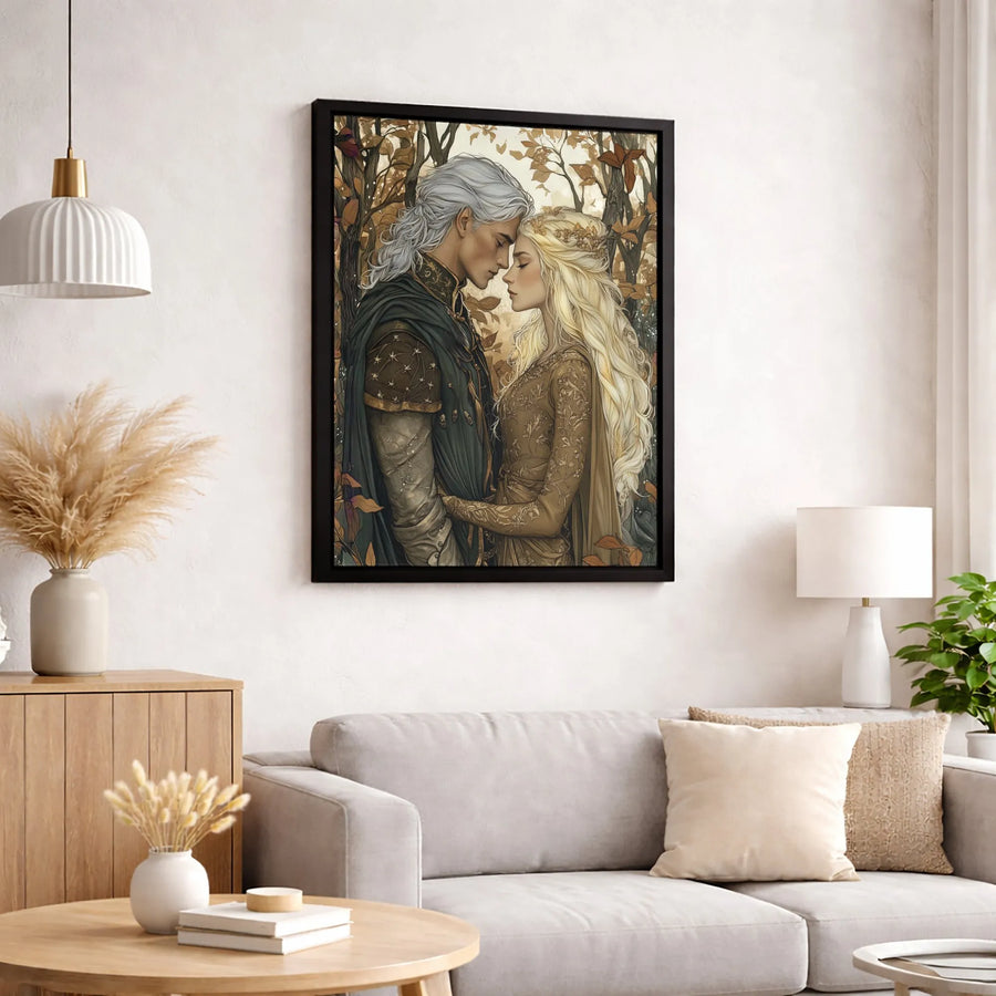 Fantasy Elf Couple Wall Art | Romantic Autumn Forest Painting | Premium Gallery Canvas | Magical Home Decor Gift for Fantasy Lovers