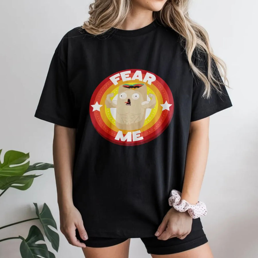 Fear Me Burrito T-Shirt | Funny Muscular Flexing Food Graphic Tee | Soft Cotton | Novelty Gift for Gym Goers & Foodies
