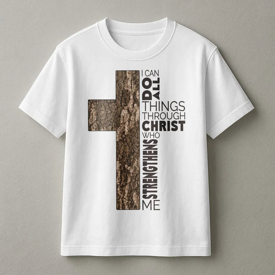 I Can Do All Things Through Christ T-Shirt | Rustic Tree Bark Cross Design | Premium Cotton Religious Apparel | Inspirational Christian Gift for Men Women