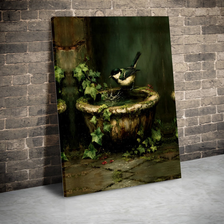 Bird Bath Canvas Wall Art | Classical Great Tit Bird Painting | Premium Gallery-Wrapped Print | Elegant Nature Home Decor Gift