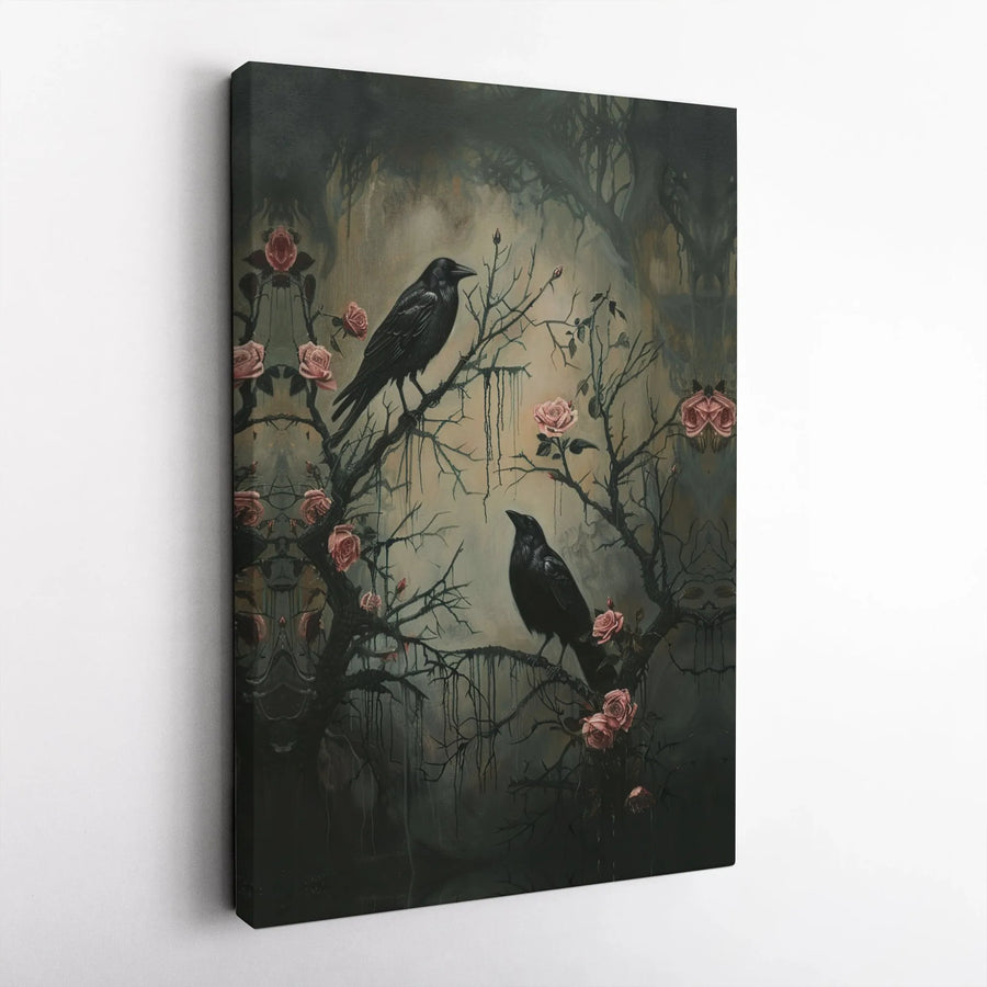 Gothic Crow Wall Art | Dark Academia Pink Rose Canvas | Premium Fade-Resistant Print | Moody Romantic Home Decor Gift