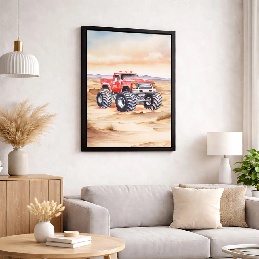 Monster Truck Wall Art | Watercolor Red Off-Road Vehicle in Desert | 1.25-Inch Premium Gallery Canvas | Boys Room Decor & Gift