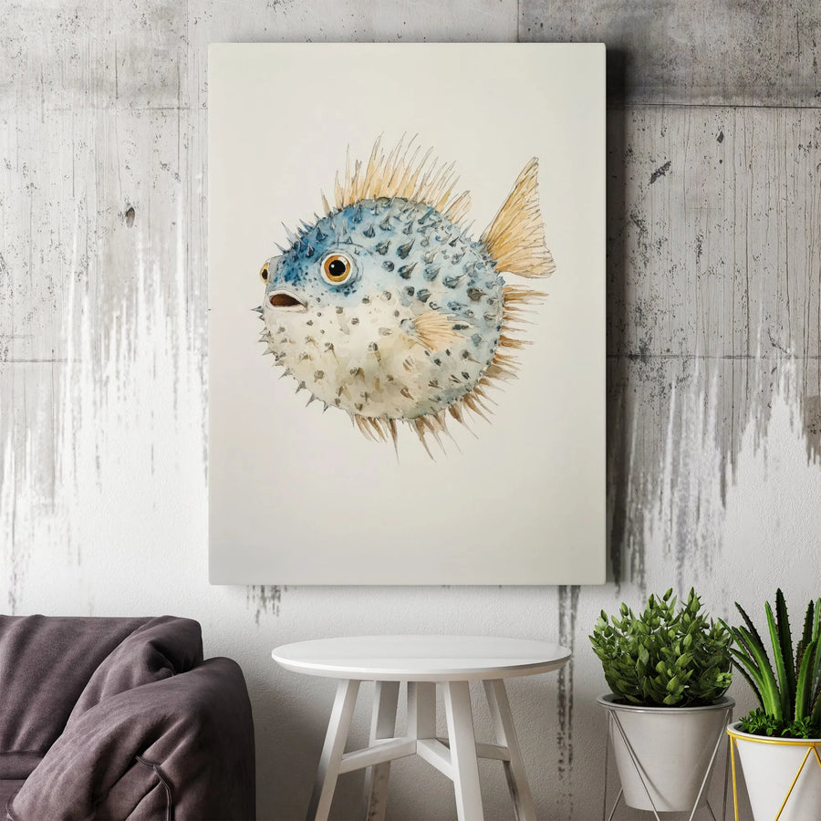Pufferfish Watercolor Canvas | Detailed Nautical Illustration | Premium Gallery Wrap | Coastal Bathroom Decor Gift