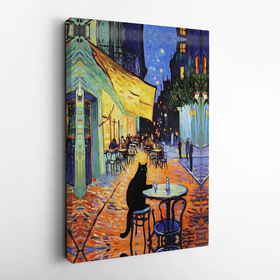 Black Cat Van Gogh Canvas Print | Cafe Terrace Parody with Black Cat | Premium Stretched Canvas | Gift for Cat Lover & Art Student