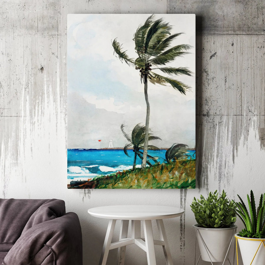 Beach Landscape Canvas Wall Art | Watercolor Palm Trees & Lighthouse Scene | Premium 1.25-Inch Gallery Wrap | Coastal Decor Gift for Home & Office