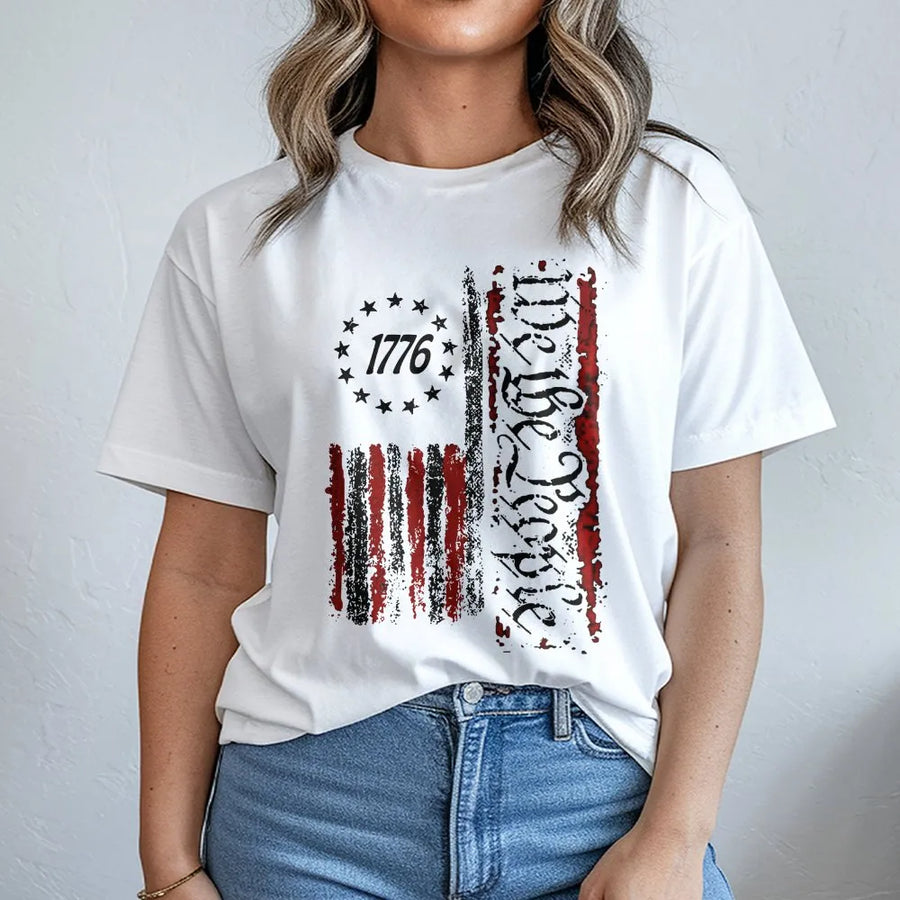 1776 We The People T-Shirt | Distressed American Flag Design | Premium Cotton-Blend Sweatshirt | Patriotic Gift for Men and Women