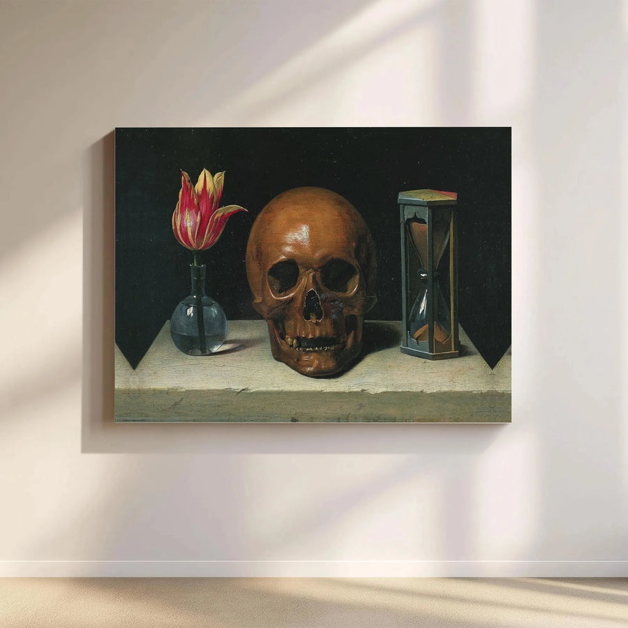 Vanitas Still Life Canvas Print | Skull Tulip Hourglass Baroque Art | Gallery Wrap Premium Wall Decor | Moody Gothic Home Office Wall Art