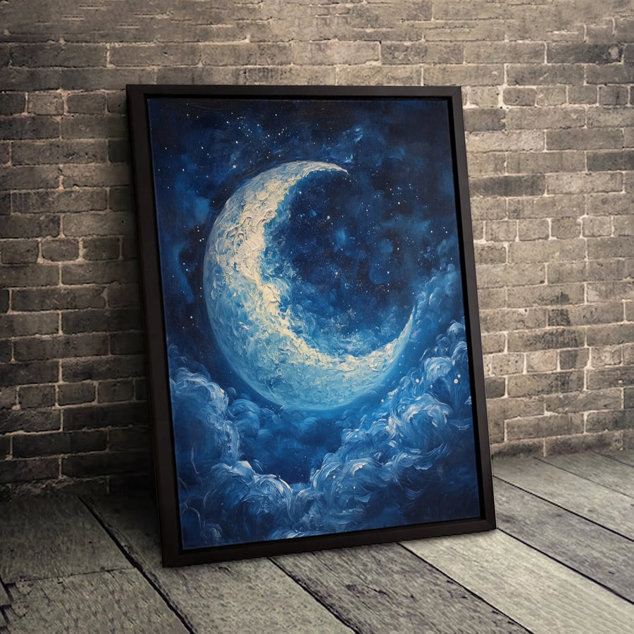 Crescent Moon Canvas Wall Art | Textured Starry Night Sky Decor | Premium Gallery Wrap Print | Celestial Home Interior Gift
