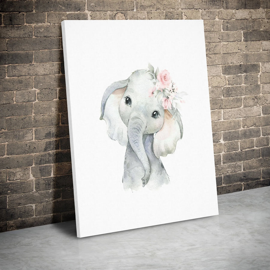 Baby Elephant Canvas Wall Art | Watercolor Floral Crown Nursery Decor | Premium Gallery Wrap | Cute Animal Print Gift for Baby Shower or Nursery