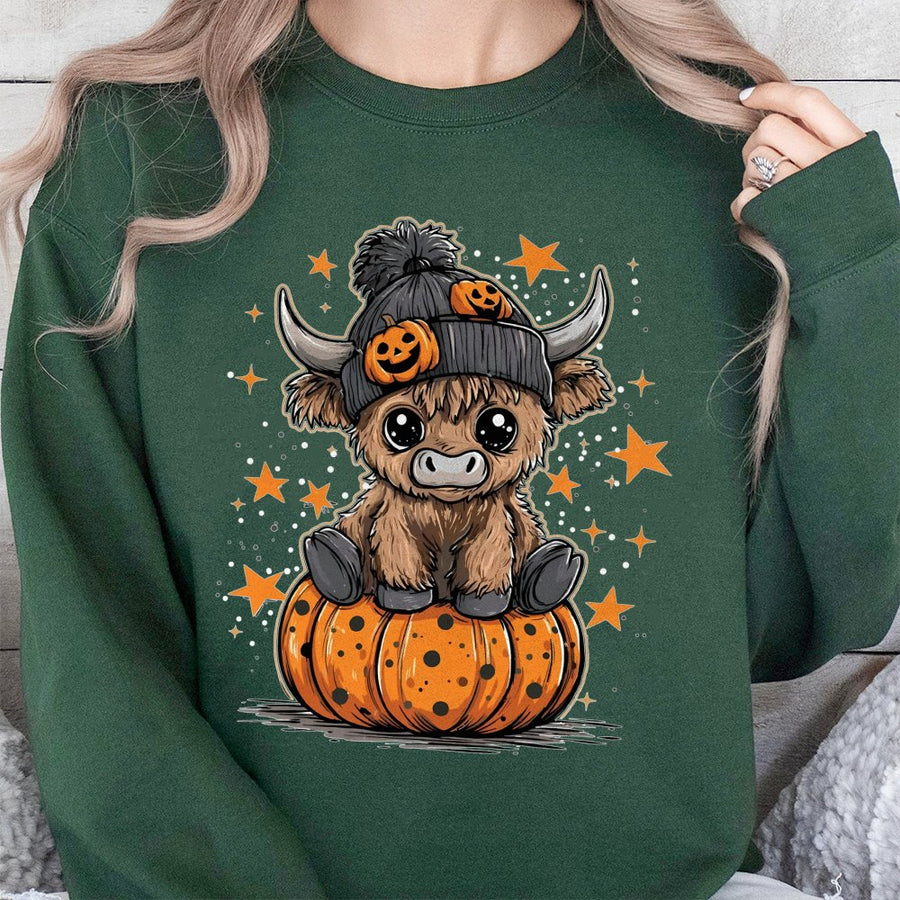 Halloween Highland Cow Sweatshirt | Cute Pumpkin Moo Boo Graphic | Premium Cotton Blend Fall Pullover | Trendy Holiday Gift for Women