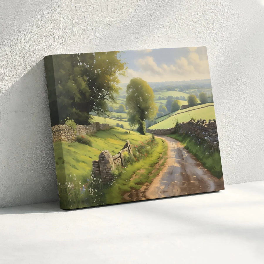 English Countryside Canvas Print | Vintage Pastoral Scene with Stone Wall | Premium Gallery Wrapped Canvas | Farmhouse Living Room Decor Gift