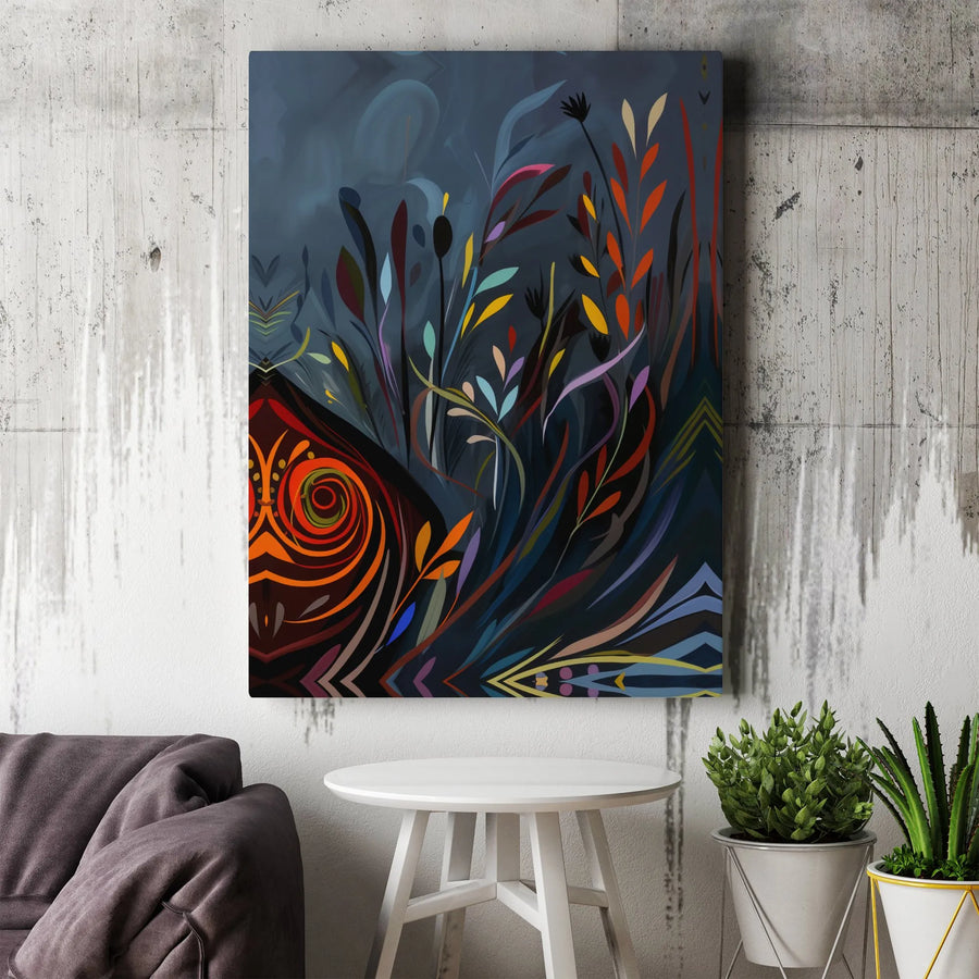 Abstract Botanical Wall Art | Vibrant Night Garden Canvas Print | Premium Gallery Wrap | Modern Living Room Decor Gift