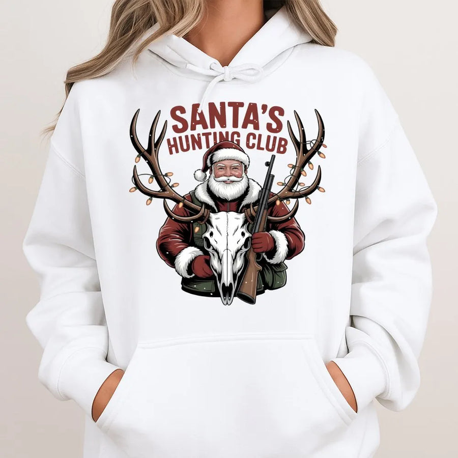 Santa's Hunting Club Hoodie | Funny Christmas Deer Hunter Graphic | Premium Cotton Blend Sweatshirt | Unique Gift for Outdoorsmen Hunters