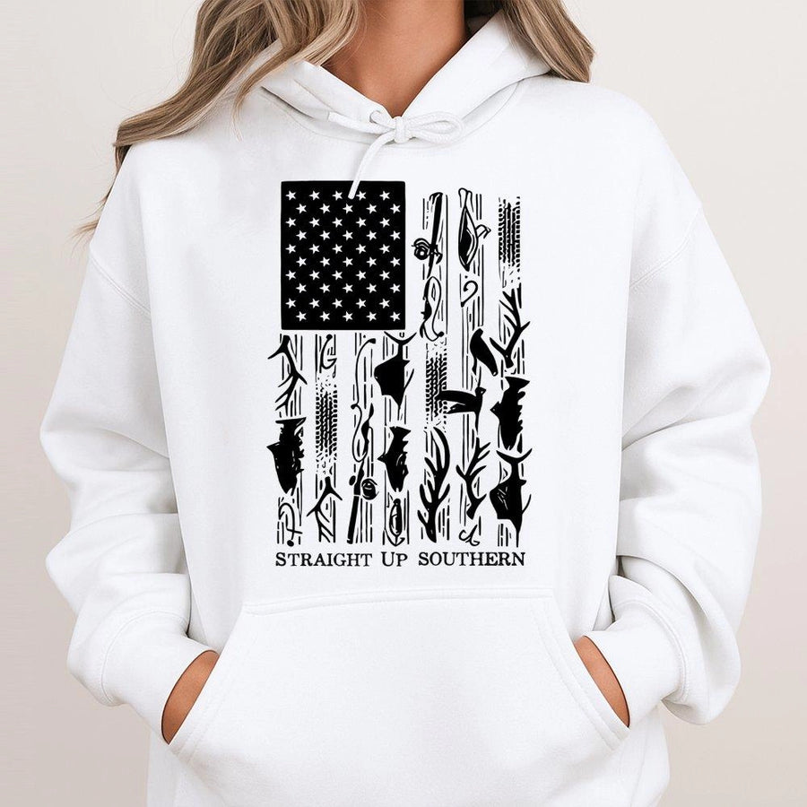 American Flag Fishing Hoodie | Outdoors Hunting & Fishing Graphic Print | Premium Cotton Blend | Patriotic Gift for Men & Women