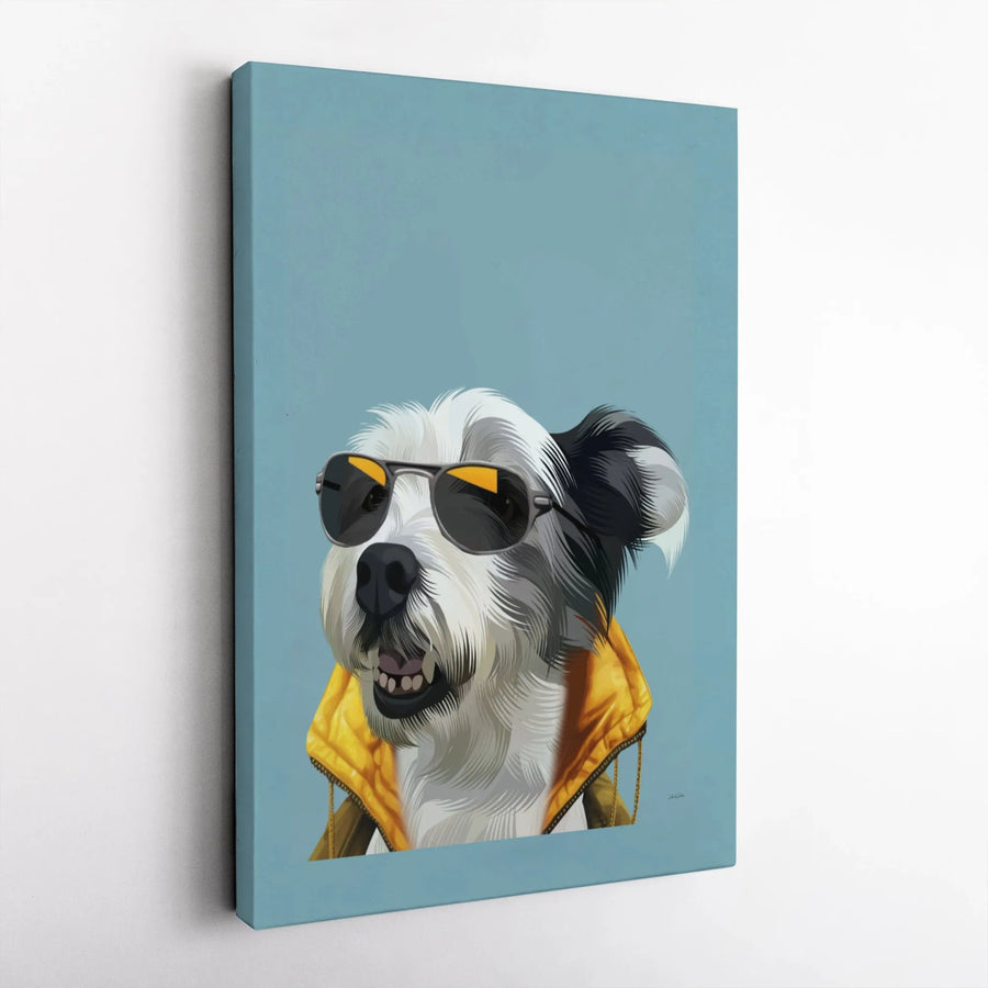 Cool Dog Wall Art Canvas | Shaggy Pup in Sunglasses & Yellow Rain Jacket | Premium Gallery Wrap Print | Fun Pet Lover Home Decor Gift