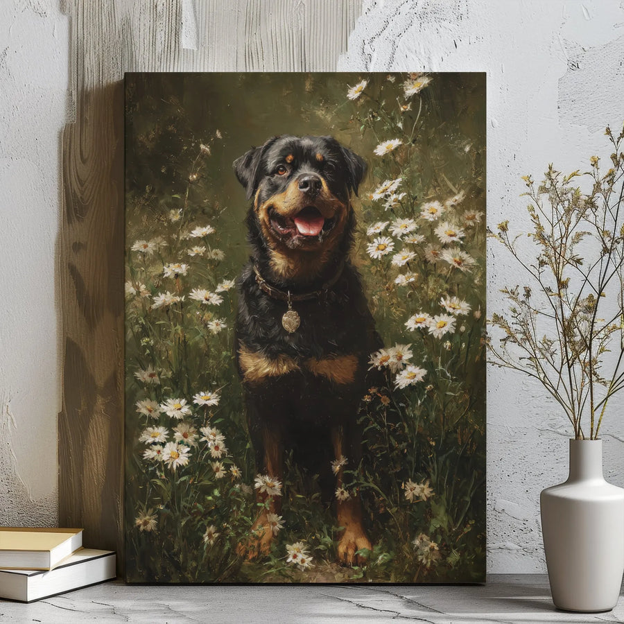 Rottweiler Wall Art | Vintage Oil Painting Style In Daisy Field | Premium Gallery Wrapped Canvas | Dog Lover Gift Home Decor