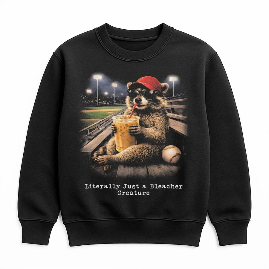 Raccoon Baseball Sweatshirt | Funny Bleacher Creature Graphic | Soft Cotton-Blend Crewneck | Coffee Lover Gift For Baseball Fans