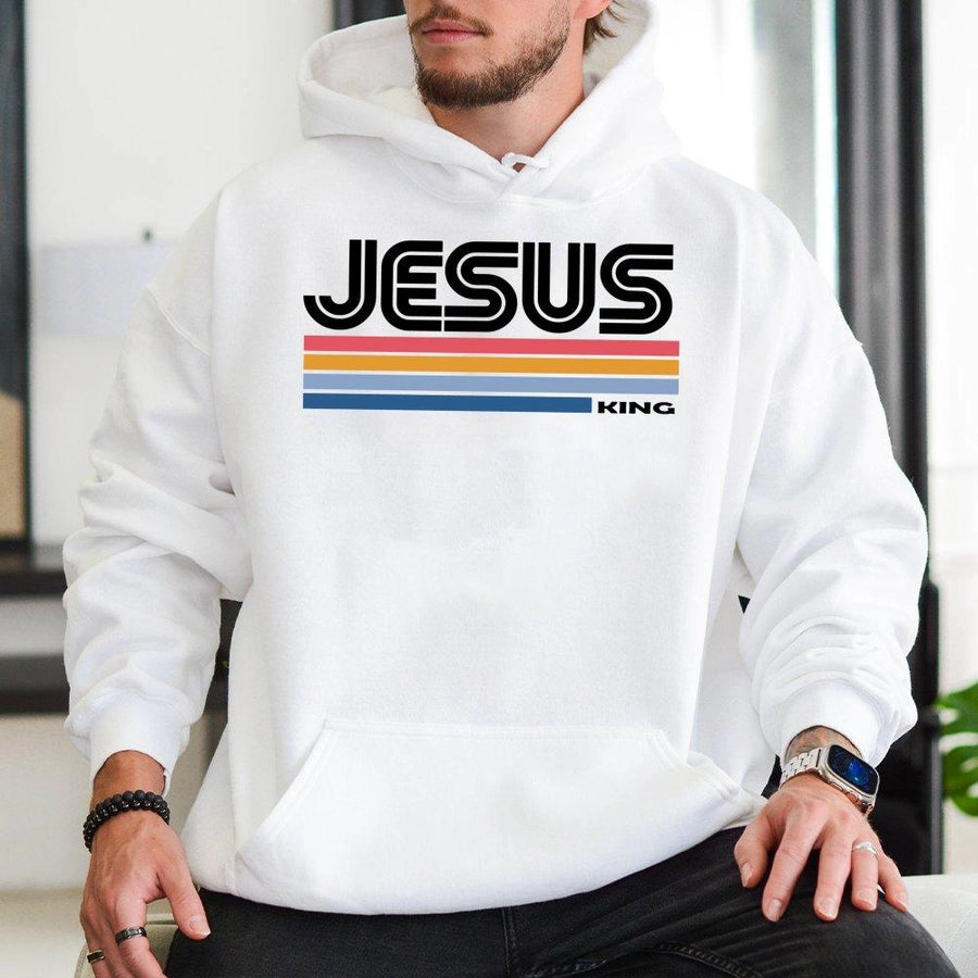 Jesus King Hoodie | Retro Minimalist Christian Graphic | Premium Soft Cotton Blend | Religious Gift for Men and Women