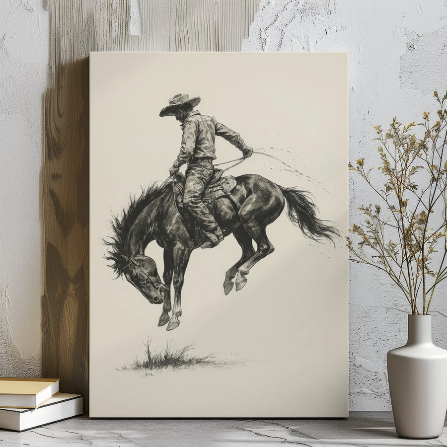 Cowboy Bucking Bronco Canvas Art | Western Rodeo Pencil Sketch Print | Premium Gallery Wrap Wall Decor | Rustic Farmhouse Gift for Him