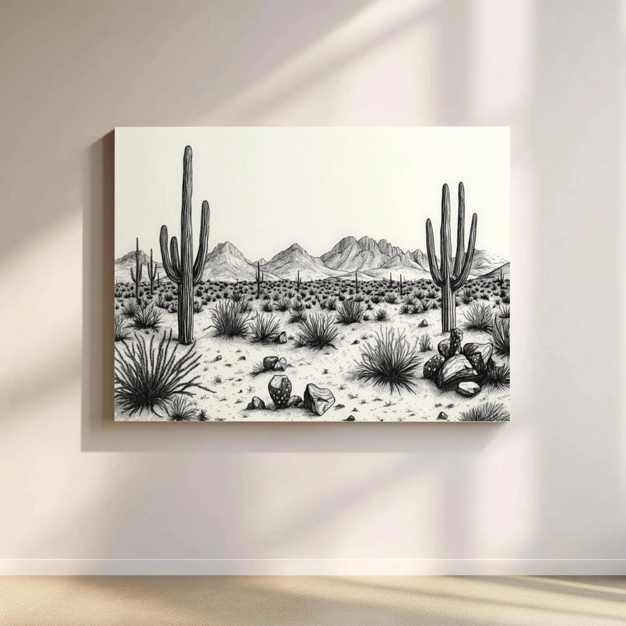 Saguaro Cactus Desert Wall Art | Black and White Landscape Sketch | Premium Gallery Canvas | Southwest Minimalist Home Decor Gift